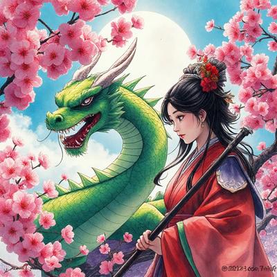 The primary subject of the image is a woman standing next to a large green dragon. The setting is a beautiful garden with pink flowers surrounding them. The visual style is a digital art illustration, creating a vibrant and lively atmosphere. The woman is dressed in a red and white outfit, and she is holding a staff. The overall mood of the image is one of fantasy and adventure.